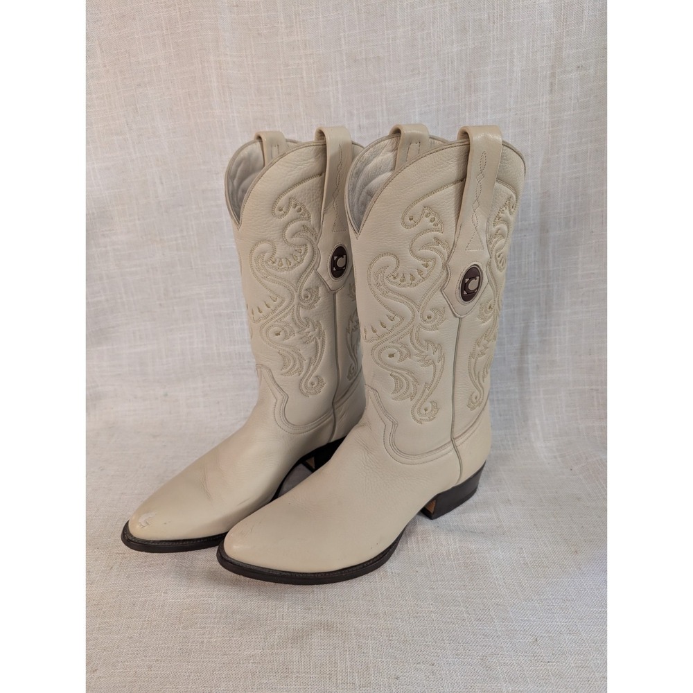 Western Cowboy Boots Cream Size 8.5 Leather Embroidered Women's Made in Mexico
